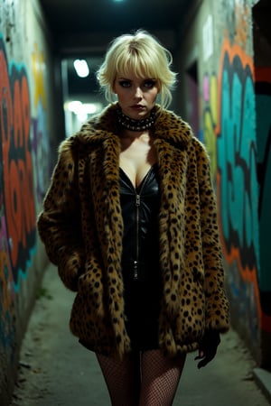 A full-body shot of a gothic woman with short, frizzly blonde hair, heavily mascaraed eyes, wearing a leopard print fur coat, fishnet stockings, and a spikey collar. She stands in an urban alleyway with graffiti-covered walls. The lighting is moody and dim, casting dramatic shadows. The composition frames her against the vibrant graffiti, highlighting her intense gaze and bold fashion choices.