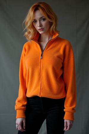 A contemplative christina hendricks takes center stage in a full body shot. Her bright fleece zip top under soft lighting, her loose waves framing her face as she gazes down, eyes locked on the viewer. large Chest, shoulders, and face are in frame, drawing looking at viewer against a blurred gray background. Black leggings 