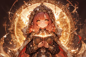 It depicts a cute smiling girl closing a book in the shadows. Her hair is long and wavy, and her hair color is pink-coral, brown eyes, cute dress. Behind the simple background is a double exposure of an ancient ruin scene inside an oval. her expression filled with satisfaction of the knowledge she gain. Optimal lens effects and dynamic lighting highlight shadows, and the effects add to the fun of exploration. The narrow, decorated frame gives the overall impression of sophistication.
,1girl,fantasy girl,VNS_Add more details,Color,anime