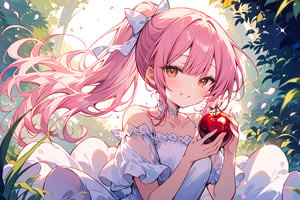 masterpiece, best quality,(1girl, age 15, brown eyes, (pink hair) in natural_wavy_style, elegant hairstyle with ponytail, hair_ribbon, wearing white_princess_dress with pink details), her face smiling,holding golden-apple in her hand, background enchanted forest, (medium_wide_shot), light_particles, pastel color palette, aesthetic,score_9,score_8_up, score_7_up,kawaii clothing style,