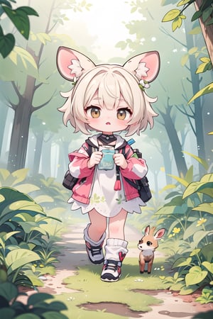 a cute baby deer at the forest pathway, light_particles, leaves_particles, pastel_color