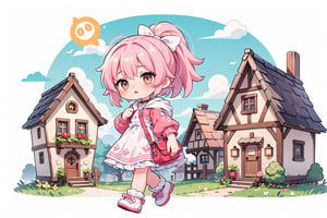 masterpiece, high quality, royal_theme,1girl, (princess, medium_pink_hair with natural_wavy, brown_eyes, wearing white dress with pink details in princess_style, cover with red hoodie cloak, pink hair_ribbons tied to her small ponytail hair, crossbody_bag). walking on village street, face expression is astonished, (complete anatomy), (perfect_hand), background is village town, front_view, light_particles, colour_particles,Half-timbered Construction