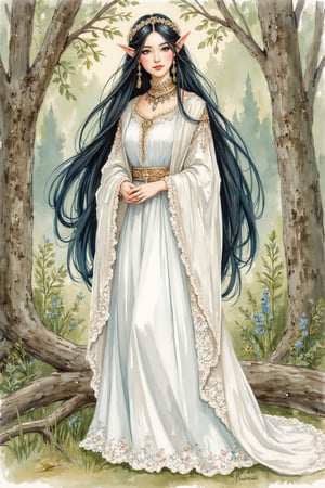 watercolor. silmarillion. Aredhel. white lady of the Noldor. beautiful female elf. pointy ears. long slender face. elegant lady. pale skin . raven black hair. white elven dress. tiara. very intricate dress. intricate fabric. in the forest. good anathomy.