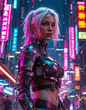 A futuristic Cirilla stands in a neon-lit cyberpunk city, her hair glows with vibrant hues, clad in sleek metallic armor, amidst towering skyscrapers and holographic advertisements, under a moody, dark sky.