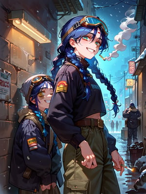 Winter, snowing, before sunset, homeless, girl, dark blue hair, braids, white muffler,smoking and exhaling, long hair, back alley, belt, dirty baggy pants , a patched T-shirt with long sleeves, goggles on his forehead, and a grin,score 9, score 8, score_7_up, source anime, BREAK,score_9, score_8_up, score_7_up,source_anime,BREAK,score_9, score_8_up, score_7_up,source_anime,BREAK,smile