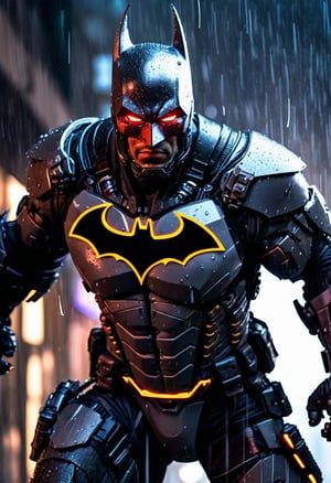 batman cyborg a man in a cyborg exoskeleton costume standing in the rain with glowing red eyes in the year 2042, black alley, raining, in fight position.