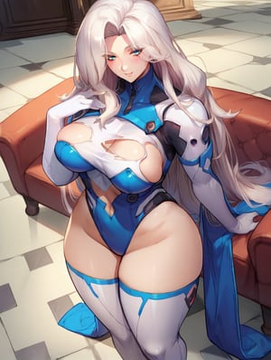 1girl, White hair, long hair, blue eyes, white thigh highs, white elbow gloves, black marble floor, stone floor, blue leather couch, blushing, white bodysuit, perverse smile, score_9, score_8_up, source_anime, mature girl, standing, ripped clothes, alternative clothes