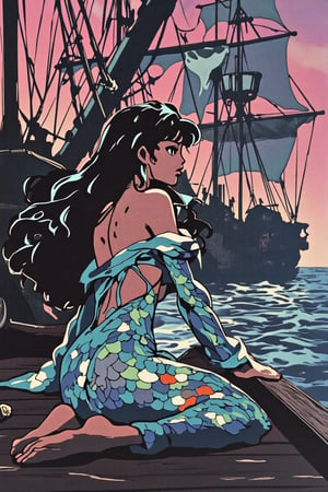 1990s anime screencap, lofi aesthetic, sexy siren in a shimmering scale-patterned outfit with a daring cutout design, luring a curious sailor closer with her enchanting song near a haunted ship. Her long hair flows like ocean waves as she sits on the deck against a light pink ocean backdrop.