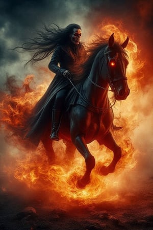 Ultra realistic, cinematic photo of a woman clad in a flowing black leather jacket and matching pants, her long hair blown back by the intense flames and smoke, rides a massive demonic freisian horse with glowing red eyes and firey mane and tail, its body engulfed in a blazing inferno as it gallops through a dark and foreboding landscape, the sky ablaze with hues of crimson and orange, the air thick with smoke and ash, the woman's face a skeleton as she rides forth on her hellish steed, the camera capturing every detail in crystal-clear, high-definition, as if the scene were a still frame from a blockbuster action movie.