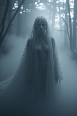 An ultra-realistic, masterpiece of a womanly phantom made entirely of swirling fog. Her form is delicate and partially translucent, with wisps of mist drifting from her edges, blurring seamlessly into the surrounding environment. Her face is hauntingly beautiful, with faint, ghostly features that emerge and dissipate, giving her an elusive, otherworldly expression. Her eyes seem to glow faintly through the fog, holding a deep, mystical sadness. The background is a dim, moonlit forest shrouded in mist, where shadows and fog blend together, heightening the atmosphere of mystery. The edges of her form continuously dissolve and reassemble, as if she is caught between worlds, embodying the ephemeral beauty and haunting elegance of a spirit made of pure fog. Cinematic Lighting,Cinematic style,High quality,Beauty,Realism,Chiaroscuro,Photorealism,Film still