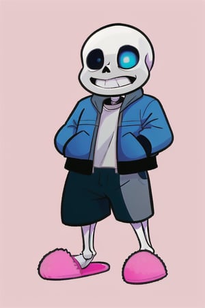 (Sans the skeleton from the popular indie game titled Undertale, wearing his iconic blue jacket, black shorts, white undershirt and pink slippers. His hands are in his pockets, expressing his relaxed and laid back personality. The background is simple and completely black.)