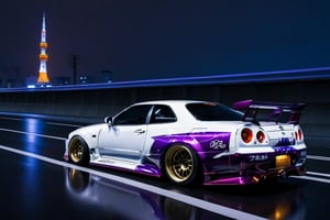 A white Itasha-wrapped Nissan Skyline R34 with purple underglow driving along a road in Tokyo in the middle of a dark rainy night.