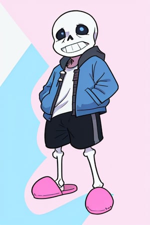 (Sans the skeleton from the popular indie game titled Undertale, wearing his iconic blue jacket, black shorts, white undershirt and pink slippers. His hands are in his pockets, expressing his relaxed and laid back personality.)