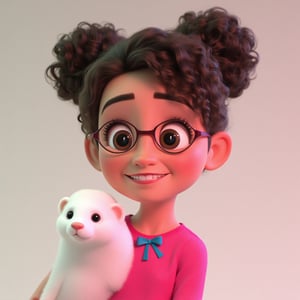 A teenage girl in a cartoon style with curly hair styled in two buns, wearing glasses and a pink top with a blue bow on it, stands with her cute white ferret. The girl smiles cheerfully and friendly, and the ferret has smooth white fur and a curious, playful expression on his face. The art style is inspired by Pixar, with smooth 3D textures, expressive faces, and a vibrant, detailed look.