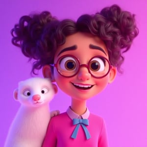 A teenage girl in a cartoon style with curly hair styled in two buns, wearing glasses and a pink top with a blue bowtie on it, stands with her cute white ferret. The girl is cheerful and friendly with a warm smile, while the ferret has smooth white fur and a curious, playful expression. The background is a soft gradient of purple and pink. The art style is inspired by Pixar, with smooth 3D textures, expressive faces, and a vibrant, detailed look.