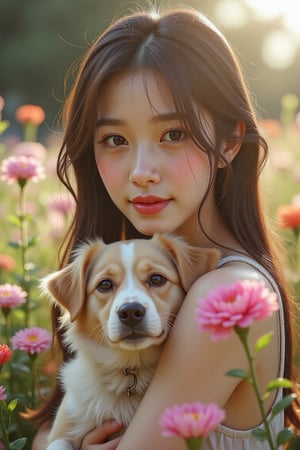 A stunning woman cradling a dog in her arms, soft sunlight illuminating her flowing hair, surrounded by a lush garden of vibrant flowers, conveying warmth and affection in a portrait-style composition.