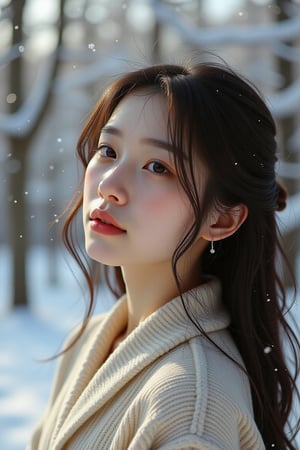 A 23-year-old woman with long, flowing hair gazes thoughtfully at falling snowflakes. Soft, muted colors envelop her, with gentle snow-dusted trees in the background, illuminated by a serene, warm glow.