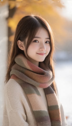 masterpiece, best quality, realistic, realistic lighting, 8K, HDR, 1girl, solo, 23yo,brown long hair, from front, looking at viewer, smile, turtleneck sweater, soft light, A cozy scene featuring a person wrapped in a colorful knitted scarf, soft sunlight filtering through autumn leaves in the background, creating warm golden hues and a serene atmosphere.,hair accessories