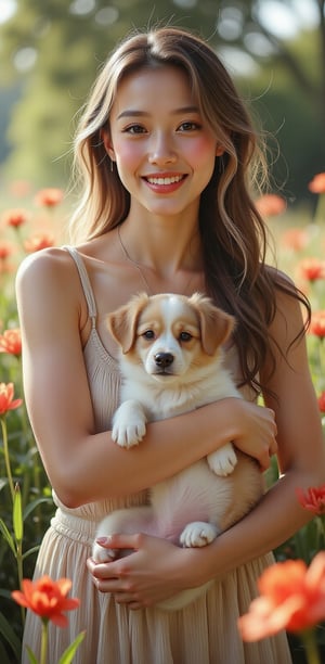 A stunning woman cradling a dog in her arms, soft sunlight illuminating her flowing hair, surrounded by a lush garden of vibrant flowers, conveying warmth and affection in a portrait-style composition.