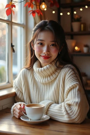 In a cozy café adorned with twinkling fairy lights, a charming young woman sits at a rustic wooden table, her warm smile radiating a sense of comfort and friendliness. She is clad in a snug, cream-colored turtleneck sweater that accentuates her delicate features and exudes a soft elegance. The sweater's texture is plush, inviting to the touch, contrasting with the smooth surface of her steaming cup of rich, aromatic coffee resting beside her. 

Her long, flowing hair cascades gracefully over her shoulders, catching the warm, golden light filtering through the window, creating a halo effect around her. Outside, the world is painted in autumn shades, with vibrant red and orange leaves swirling playfully in the gentle breeze. 

As she stirs her coffee, the delicate clink of the spoon against the ceramic cup harmonizes with the cozy hum of conversation and the faint sound of jazz music playing softly in the background. The air is infused with the delightful scent of freshly baked pastries that waft from the counter, adding to the welcoming atmosphere. Her bright, expressive eyes sparkle with a hint of mischief, inviting passersby to share in her warmth on this chilly afternoon.