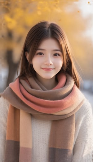 masterpiece, best quality, realistic, realistic lighting, 8K, HDR, 1girl, solo, 23yo,brown long hair, from front, looking at viewer, smile, turtleneck sweater, soft light, A cozy scene featuring a person wrapped in a colorful knitted scarf, soft sunlight filtering through autumn leaves in the background, creating warm golden hues and a serene atmosphere.,hair accessories