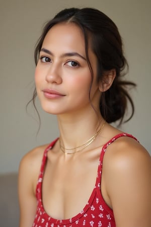 An image of a young woman PevitaPearce with a soft, natural complexion and a low bun hairstyle, featuring loose strands of hair on the right side of her face. She poses semi-profile, facing slightly to the right, with her gaze meeting the camera. She wears a sleeveless red top with a small white dot pattern and a delicate gold necklace. The lighting is soft and natural, accentuating her thoughtful expression, against a softly blurred background.