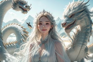 dragon, birds,  girl with dragon, open sky, open landscape, wide angle shot, big background, full visible background, detailed background, full upper body visible,(full upper body:1.6), nature, mountain, snow, royal dress, half body view, straight camera from front, cowboy photoshoot, eye level shoot, front shoot, 1 girl, very bright backlighting, solo, {beautiful and detailed eyes}, dazzling light, calm expression, natural and soft light, hair blown by the breeze, delicate facial features, white blonde hair, Blunt bangs, beautiful elvish girl, eye smile,  very small earrings, 16yo, film grain, realhands, shy smile,Realism, looking towards me, body towards me, fantasy landscape, fantasy background, friendly setting,  zeone,blue dragon