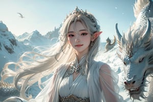 dragon, birds,  girl with dragon, open sky, open landscape, wide angle shot, big background, full visible background, detailed background, full upper body visible,(full upper body:1.6), nature, mountain, snow, royal dress, half body view, straight camera from front, cowboy photoshoot, eye level shoot, front shoot, 1 girl, very bright backlighting, solo, {beautiful and detailed eyes}, dazzling light, calm expression, natural and soft light, hair blown by the breeze, delicate facial features, white blonde hair, Blunt bangs, beautiful elvish girl, eye smile,  very small earrings, 16yo, film grain, realhands, shy smile,Realism, looking towards me, body towards me, fantasy landscape, fantasy background, friendly setting,  zeone,blue dragon