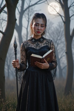 A striking dark witch with an aura of mystery and power; she is cloaked in a flowing, shadowy gown made of rich velvet and lace, adorned with intricate patterns of thorny vines and crescent moons. Her attire is accented by a corseted bodice and long, draping sleeves that add to her imposing presence. Her hair is raven-black, cascading in wild waves around her shoulders, with a single lock adorned by a silver charm shaped like a raven's feather.

Her eyes are piercing and enigmatic, glowing faintly with an otherworldly light. In one hand, she holds an ancient grimoire bound in leather and etched with arcane symbols; in the other, she wields a twisted staff topped with an obsidian crystal that pulsates with dark energy.

The setting is a mist-laden forest at midnight under a moonless sky, where twisted trees loom ominously in the background. Wisps of fog curl around her feet as shadows dance mysteriously across the landscape. This image captures the essence of dark fantasy with hyperdetailed 16K resolution HDR to highlight every nuance of texture and atmosphere. bright side, bright side, bright side