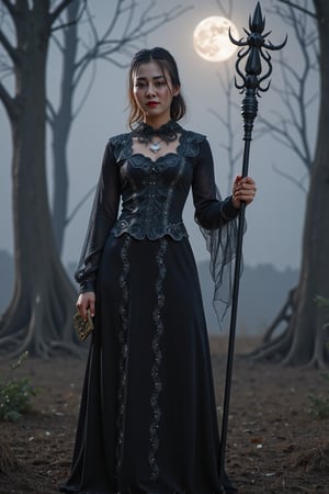 A striking dark witch with an aura of mystery and power; she is cloaked in a flowing, shadowy gown made of rich velvet and lace, adorned with intricate patterns of thorny vines and crescent moons. Her attire is accented by a corseted bodice and long, draping sleeves that add to her imposing presence. Her hair is raven-black, cascading in wild waves around her shoulders, with a single lock adorned by a silver charm shaped like a raven's feather.

Her eyes are piercing and enigmatic, glowing faintly with an otherworldly light. In one hand, she holds an ancient grimoire bound in leather and etched with arcane symbols; in the other, she wields a twisted staff topped with an obsidian crystal that pulsates with dark energy.

The setting is a mist-laden forest at midnight under a moonless sky, where twisted trees loom ominously in the background. Wisps of fog curl around her feet as shadows dance mysteriously across the landscape. This image captures the essence of dark fantasy with hyperdetailed 16K resolution HDR to highlight every nuance of texture and atmosphere.