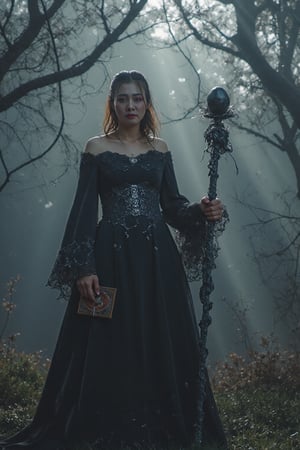 A striking dark witch with an aura of mystery and power; she is cloaked in a flowing, shadowy gown made of rich velvet and lace, adorned with intricate patterns of thorny vines and crescent moons. Her attire is accented by a corseted bodice and long, draping sleeves that add to her imposing presence. Her hair is raven-black, cascading in wild waves around her shoulders, with a single lock adorned by a silver charm shaped like a raven's feather.

Her eyes are piercing and enigmatic, glowing faintly with an otherworldly light. In one hand, she holds an ancient grimoire bound in leather and etched with arcane symbols; in the other, she wields a twisted staff topped with an obsidian crystal that pulsates with dark energy.

The setting is a mist-laden forest at midnight under a moonless sky, where twisted trees loom ominously in the background. Wisps of fog curl around her feet as shadows dance mysteriously across the landscape. This image captures the essence of dark fantasy with hyperdetailed 16K resolution HDR to highlight every nuance of texture and atmosphere. bright side, bright side, bright side