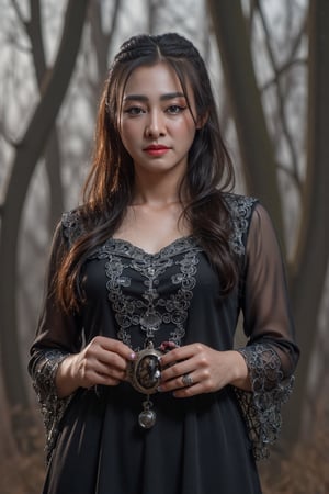 A striking dark witch with an aura of mystery and power; she is cloaked in a flowing, shadowy gown made of rich velvet and lace, adorned with intricate patterns of thorny vines and crescent moons. Her attire is accented by a corseted bodice and long, draping sleeves that add to her imposing presence. Her hair is raven-black, cascading in wild waves around her shoulders, with a single lock adorned by a silver charm shaped like a raven's feather.

Her eyes are piercing and enigmatic, glowing faintly with an otherworldly light. In one hand, she holds an ancient grimoire bound in leather and etched with arcane symbols; in the other, she wields a twisted staff topped with an obsidian crystal that pulsates with dark energy.

The setting is a mist-laden forest at midnight under a moonless sky, where twisted trees loom ominously in the background. Wisps of fog curl around her feet as shadows dance mysteriously across the landscape. This image captures the essence of dark fantasy with hyperdetailed 16K resolution HDR to highlight every nuance of texture and atmosphere. bright side, bright side, bright side