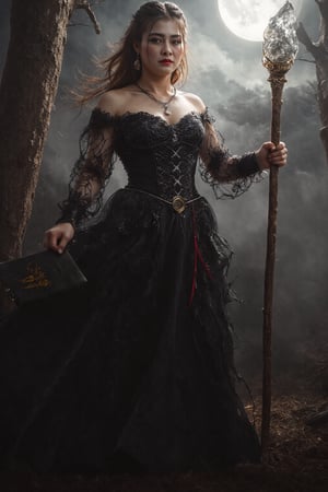 A striking dark witch with an aura of mystery and power; she is cloaked in a flowing, shadowy gown made of rich velvet and lace, adorned with intricate patterns of thorny vines and crescent moons. Her attire is accented by a corseted bodice and long, draping sleeves that add to her imposing presence. Her hair is raven-black, cascading in wild waves around her shoulders, with a single lock adorned by a silver charm shaped like a raven's feather.

Her eyes are piercing and enigmatic, glowing faintly with an otherworldly light. In one hand, she holds an ancient grimoire bound in leather and etched with arcane symbols; in the other, she wields a twisted staff topped with an obsidian crystal that pulsates with dark energy.

The setting is a mist-laden forest at midnight under a moonless sky, where twisted trees loom ominously in the background. Wisps of fog curl around her feet as shadows dance mysteriously across the landscape. This image captures the essence of dark fantasy with hyperdetailed 16K resolution HDR to highlight every nuance of texture and atmosphere. bright side, bright side, bright side