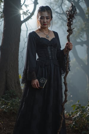 A striking dark witch with an aura of mystery and power; she is cloaked in a flowing, shadowy gown made of rich velvet and lace, adorned with intricate patterns of thorny vines and crescent moons. Her attire is accented by a corseted bodice and long, draping sleeves that add to her imposing presence. Her hair is raven-black, cascading in wild waves around her shoulders, with a single lock adorned by a silver charm shaped like a raven's feather.

Her eyes are piercing and enigmatic, glowing faintly with an otherworldly light. In one hand, she holds an ancient grimoire bound in leather and etched with arcane symbols; in the other, she wields a twisted staff topped with an obsidian crystal that pulsates with dark energy.

The setting is a mist-laden forest at midnight under a moonless sky, where twisted trees loom ominously in the background. Wisps of fog curl around her feet as shadows dance mysteriously across the landscape. This image captures the essence of dark fantasy with hyperdetailed 16K resolution HDR to highlight every nuance of texture and atmosphere. bright side, bright side, bright side