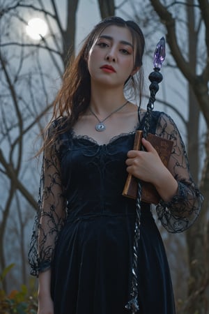 A striking dark witch with an aura of mystery and power; she is cloaked in a flowing, shadowy gown made of rich velvet and lace, adorned with intricate patterns of thorny vines and crescent moons. Her attire is accented by a corseted bodice and long, draping sleeves that add to her imposing presence. Her hair is raven-black, cascading in wild waves around her shoulders, with a single lock adorned by a silver charm shaped like a raven's feather.

Her eyes are piercing and enigmatic, glowing faintly with an otherworldly light. In one hand, she holds an ancient grimoire bound in leather and etched with arcane symbols; in the other, she wields a twisted staff topped with an obsidian crystal that pulsates with dark energy.

The setting is a mist-laden forest at midnight under a moonless sky, where twisted trees loom ominously in the background. Wisps of fog curl around her feet as shadows dance mysteriously across the landscape. This image captures the essence of dark fantasy with hyperdetailed 16K resolution HDR to highlight every nuance of texture and atmosphere. bright side, bright side, bright side