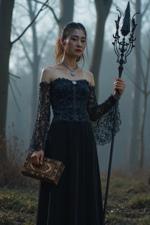 A striking dark witch with an aura of mystery and power; she is cloaked in a flowing, shadowy gown made of rich velvet and lace, adorned with intricate patterns of thorny vines and crescent moons. Her attire is accented by a corseted bodice and long, draping sleeves that add to her imposing presence. Her hair is raven-black, cascading in wild waves around her shoulders, with a single lock adorned by a silver charm shaped like a raven's feather.

Her eyes are piercing and enigmatic, glowing faintly with an otherworldly light. In one hand, she holds an ancient grimoire bound in leather and etched with arcane symbols; in the other, she wields a twisted staff topped with an obsidian crystal that pulsates with dark energy.

The setting is a mist-laden forest at midnight under a moonless sky, where twisted trees loom ominously in the background. Wisps of fog curl around her feet as shadows dance mysteriously across the landscape. This image captures the essence of dark fantasy with hyperdetailed 16K resolution HDR to highlight every nuance of texture and atmosphere. bright side, bright side, bright side