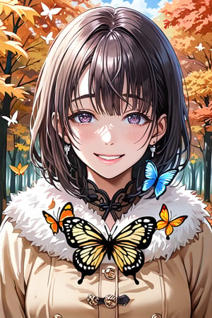 (masterpiece), best quality, expressive eyes, perfect face,1 Girl, autumn, forest, butterflies, moths, outdoors, butterfly hunting, fallen leaves, upper body, for the audience, standing, smile