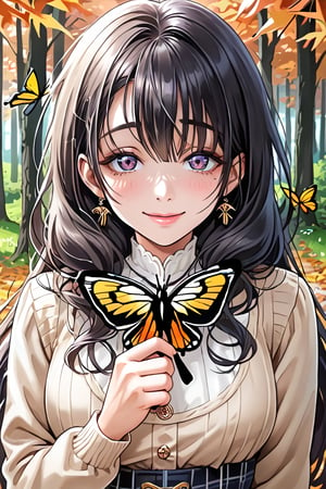 (masterpiece), best quality, expressive eyes, perfect face,1 Girl, autumn, forest, butterflies, moths, outdoors, butterfly hunting, fallen leaves, upper body, for the audience, standing, smile