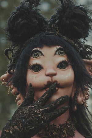 A close up shot of a woman, she has full black hair, she has black roses growing from her head, she has on black devil horns and a black angel halo around her head, she has on black silky gloves and a black dress on, her left hand is covering her mouth slightly while her right hand rests to her side.