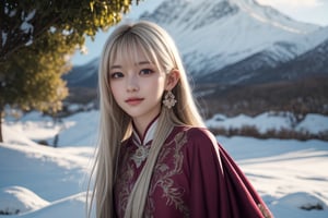  girl with dragon, open sky, open landscape, wide angle shot, big background, full visible background, detailed background, full upper body visible,(full upper body:1.6), nature, mountain, snow, Tibetan temple, royal dress, half body view, straight camera from front, cowboy photoshoot, eye level shoot, front shoot, 1 girl, very bright backlighting, solo, {beautiful and detailed eyes}, dazzling light, calm expression, natural and soft light, hair blown by the breeze, delicate facial features, white blonde hair, Blunt bangs, beautiful elvish girl, eye smile,  very small earrings, 16yo, film grain, realhands, shy smile,Realism, looking towards me, body towards me, fantasy landscape, fantasy background, friendly setting,  zeone