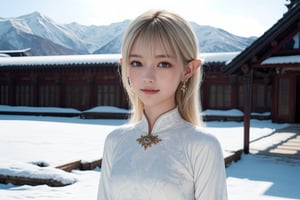  girl with dragon, open sky, open landscape, wide angle shot, big background, full visible background, detailed background, full upper body visible,(full upper body:1.6), nature, mountain, snow, Tibetan temple, royal dress, half body view, straight camera from front, cowboy photoshoot, eye level shoot, front shoot, 1 girl, very bright backlighting, solo, {beautiful and detailed eyes}, dazzling light, calm expression, natural and soft light, hair blown by the breeze, delicate facial features, white blonde hair, Blunt bangs, beautiful elvish girl, eye smile,  very small earrings, 16yo, film grain, realhands, shy smile,Realism, looking towards me, body towards me, fantasy landscape, fantasy background, friendly setting,  zeone