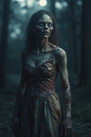 A photorealistic close-up portrait of a beautiful zombie lady wearing a dress made of pieces of rotten meat. She stands in a forest clearing at night, illuminated by the full moon's light. The image focuses on her face, capturing the soft glow of the moonlight on her pale skin and the eerie details of her decaying dress. The forest around her is eerily quiet, with the moonlight filtering through the trees, creating a haunting atmosphere.