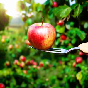 Closeup image of an apple on a fork, fruit garden in the background, sunshine