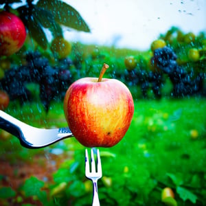 Closeup image of an apple stuck up on a fork, fruit garden in the background, rainy weather