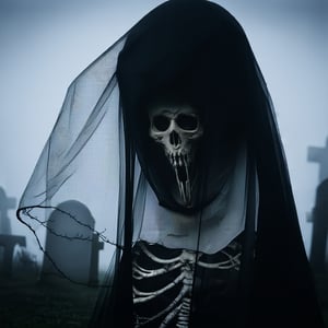 Closeup image of a th head of a ghost, human sceleton under a sheer black veil, foggy graveyard in the bachground