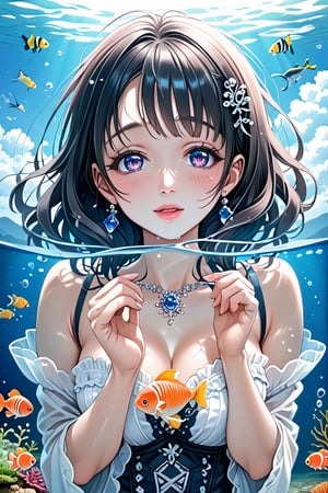 (masterpiece), best quality, expressive eyes, perfect face, (ultra high res:1.4), (masterpiece), (beautiful lighting:1.4) , lush greenery and mountains, Bright sunlight illuminates the crystal-clear water, (deep underwater), anime, half above water and half below water , (clear underwater), beautiful sky with clouds, fish , depth