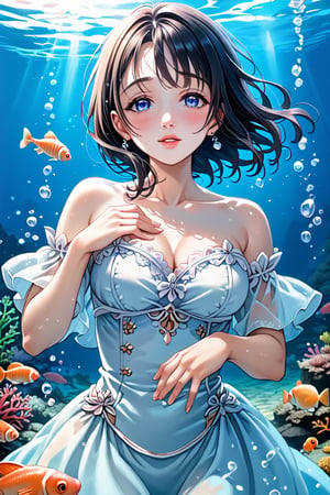 (masterpiece), best quality, expressive eyes, perfect face, (ultra high res:1.4), (masterpiece), (beautiful lighting:1.4) , lush greenery and mountains, Bright sunlight illuminates the crystal-clear water, (deep underwater), anime, half above water and half below water , (clear underwater), beautiful sky with clouds, fish , depth