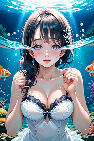 (masterpiece), best quality, expressive eyes, perfect face, (ultra high res:1.4), (masterpiece), (beautiful lighting:1.4) , lush greenery and mountains, Bright sunlight illuminates the crystal-clear water, (deep underwater), anime, half above water and half below water , (clear underwater), beautiful sky with clouds, fish , depth