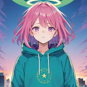 Manga cover featuring a girl with a blank expression. She has pink hair, purple eyes and wears a blue hoodie. A green halo hovers above his head. 
