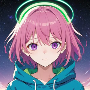 Manga cover featuring a girl with a blank expression. She has pink hair, purple eyes and wears a blue hoodie. A green halo hovers above his head. 
